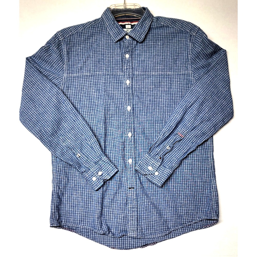 Tommy Hilfiger Button Down Shirt Mens L Blue Micro Check Custom Fit Long Sleeve